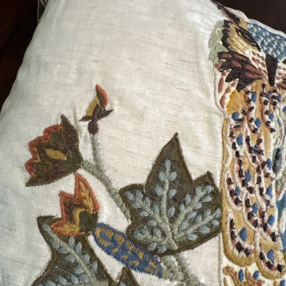 Pottery Barn Throw Pillow Owl Bird Embroidered Appliqué‎ Feather Insert Cover
